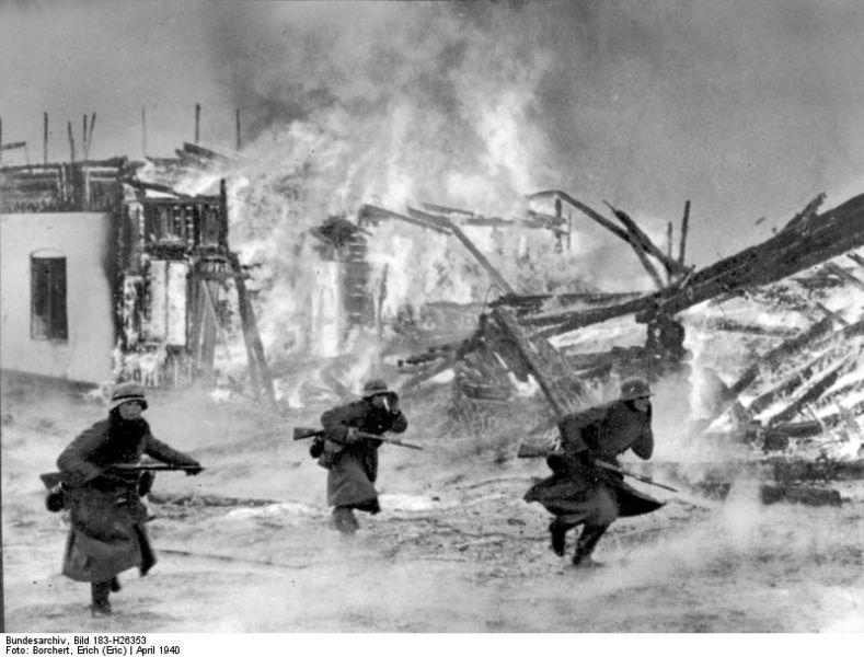German Soldiers in a burning Norwegian Village During the Nazi Invasion of 1940